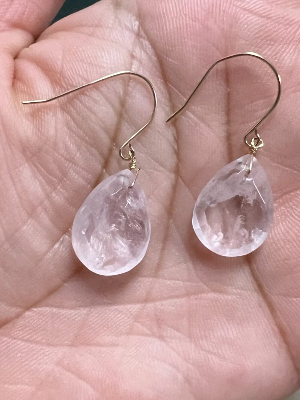 14K Solid Gold Genuine Rose Quartz Teardrop Dangle Earrings Faceted 3.42G